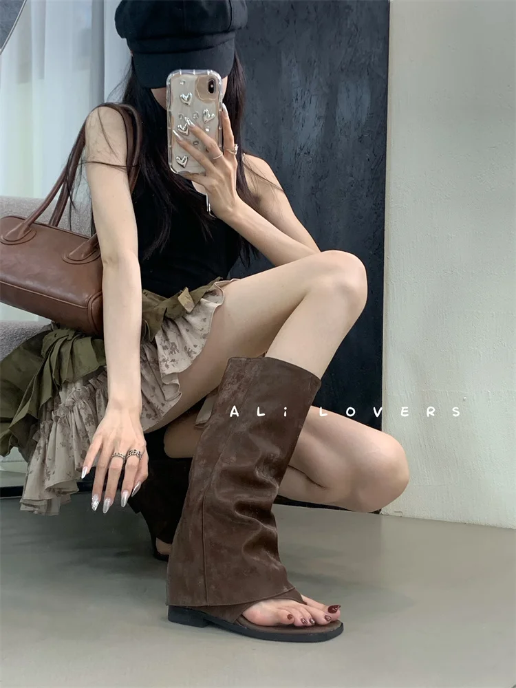 New 2025 Summer Women Sandals Boots Fashion Open Toe Flats Sheepskin Sandals Retro High Top Ladies Street Shoes Zapatos De Mujer