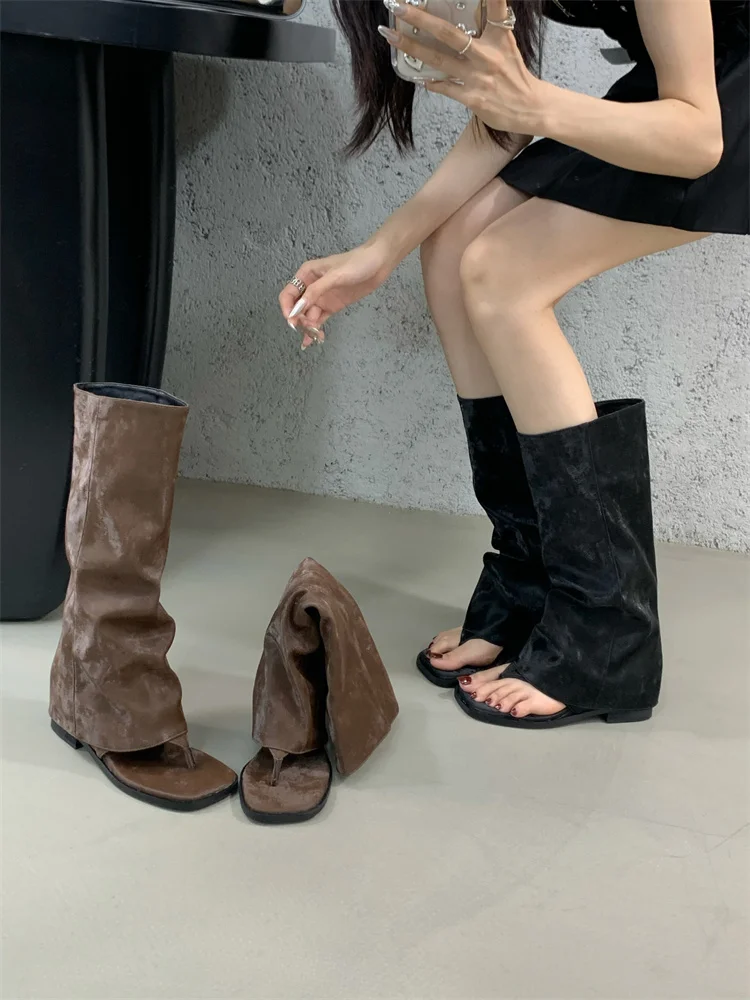 New 2025 Summer Women Sandals Boots Fashion Open Toe Flats Sheepskin Sandals Retro High Top Ladies Street Shoes Zapatos De Mujer