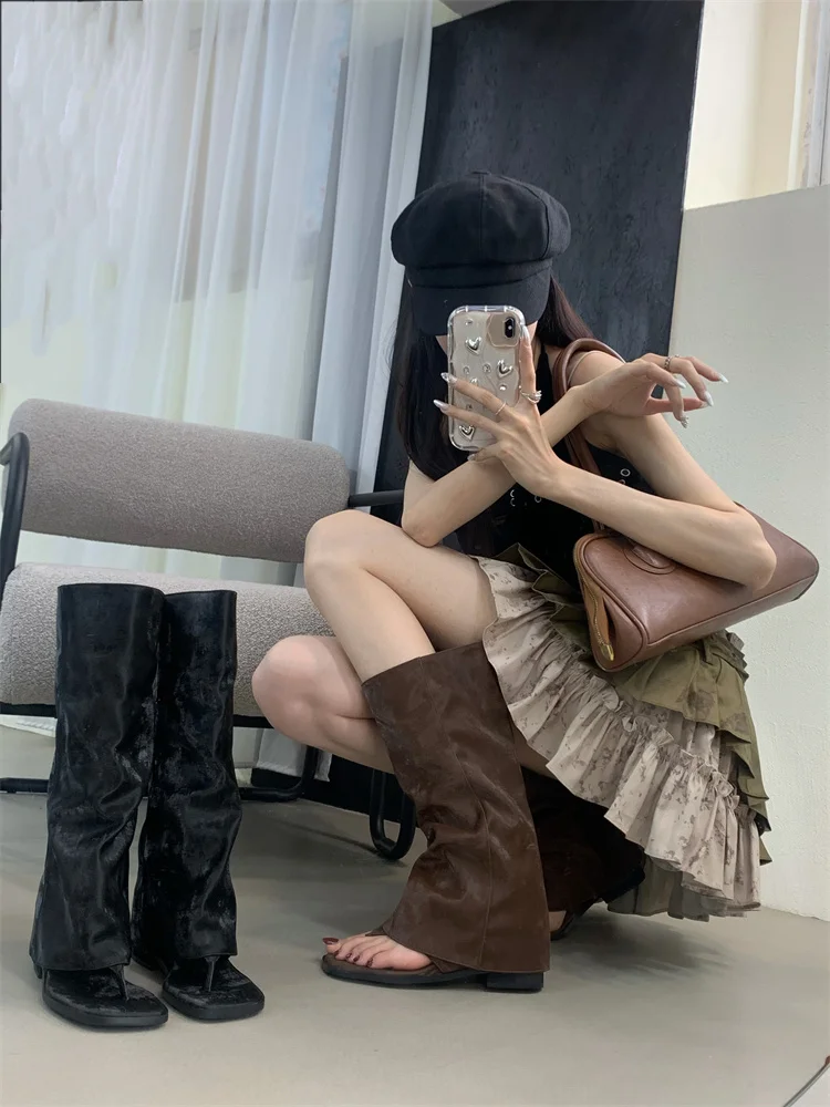 New 2025 Summer Women Sandals Boots Fashion Open Toe Flats Sheepskin Sandals Retro High Top Ladies Street Shoes Zapatos De Mujer