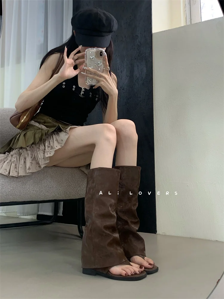 New 2025 Summer Women Sandals Boots Fashion Open Toe Flats Sheepskin Sandals Retro High Top Ladies Street Shoes Zapatos De Mujer