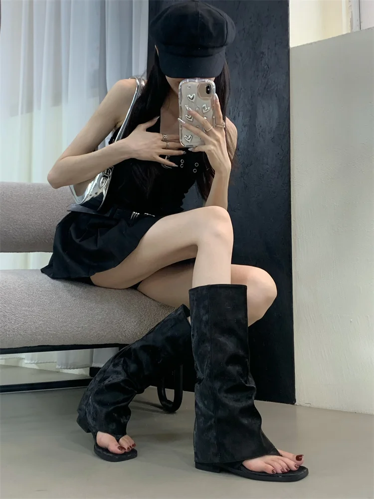 New 2025 Summer Women Sandals Boots Fashion Open Toe Flats Sheepskin Sandals Retro High Top Ladies Street Shoes Zapatos De Mujer