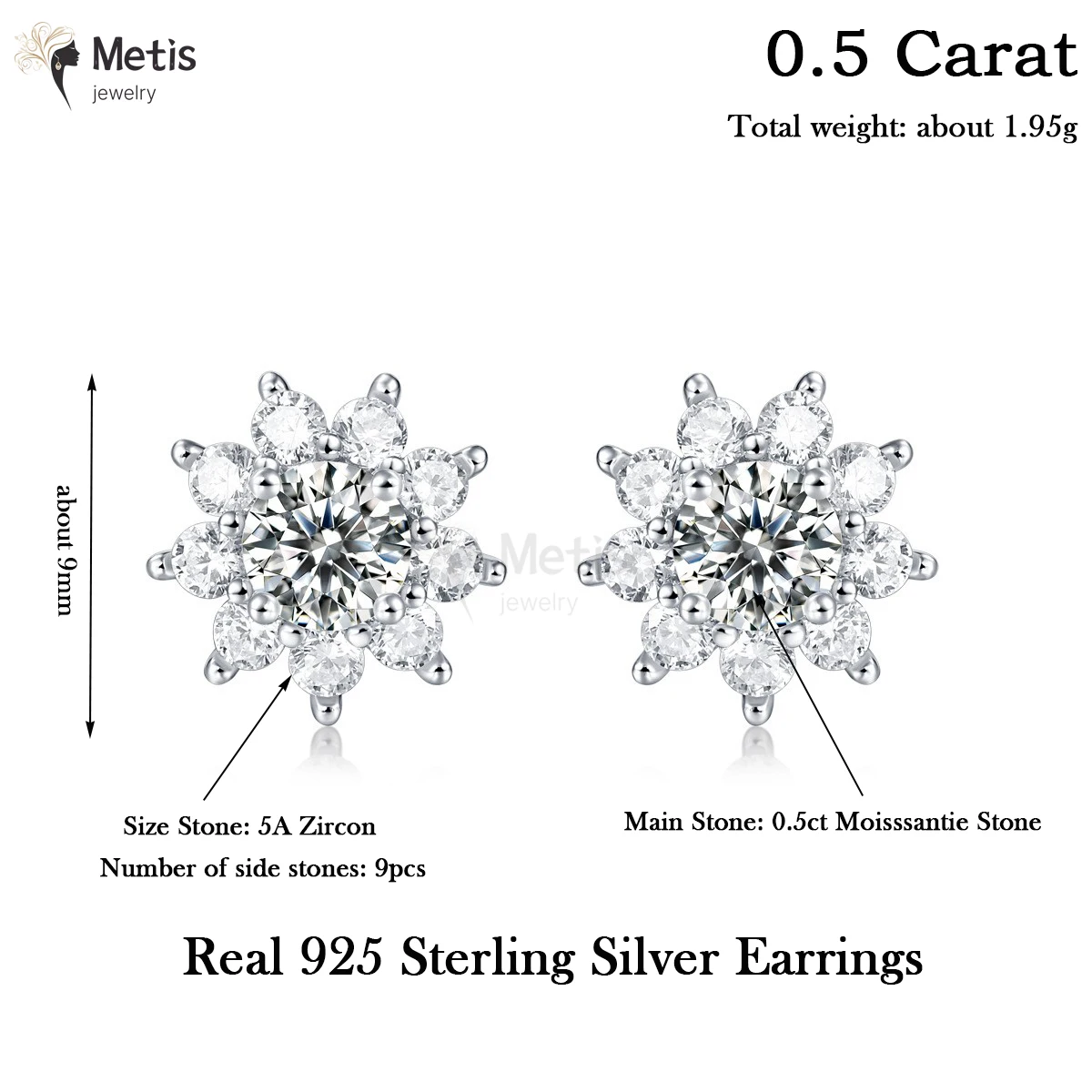 0.5CT D VVS1 Moissnaite Diamond Earring for Women 925 Sterling Silver Plated 18k White Gold Stud Ear Wedding Fine Jewelry