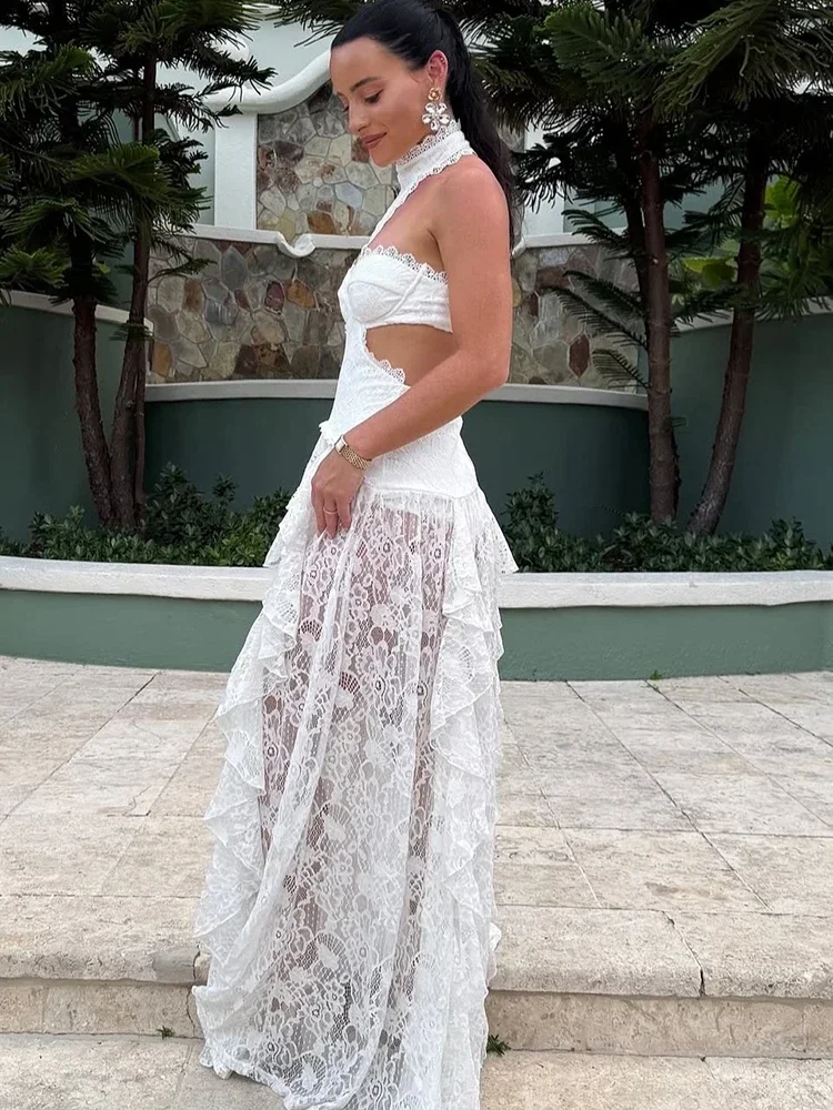 Elegant High End Lace Patchwork Dresses Women's Trendy Hollow Robe Irregular Design Vistidos 2026 New Spring Party Halter Gown