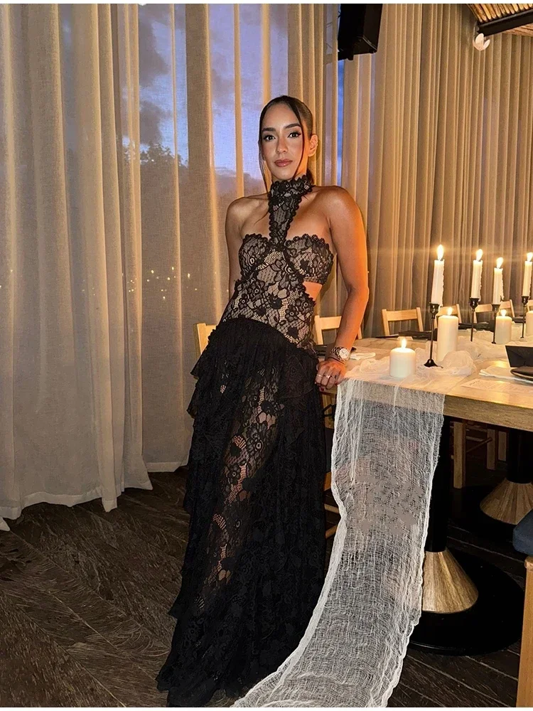 Elegant High End Lace Patchwork Dresses Women's Trendy Hollow Robe Irregular Design Vistidos 2026 New Spring Party Halter Gown