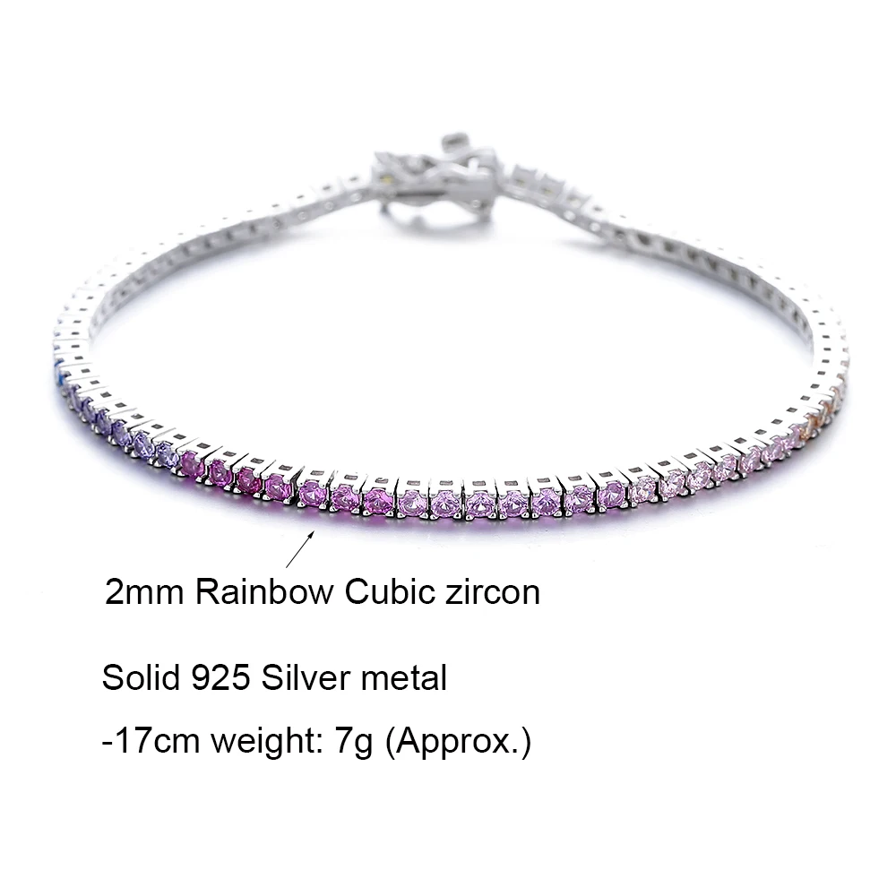 New 2 mm Rainbow Solid 925 Silver Jewelry Colorful Cubic Zircon Colorful Pretty Tennis Chain Bracelets
