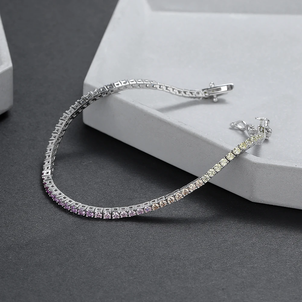 New 2 mm Rainbow Solid 925 Silver Jewelry Colorful Cubic Zircon Colorful Pretty Tennis Chain Bracelets