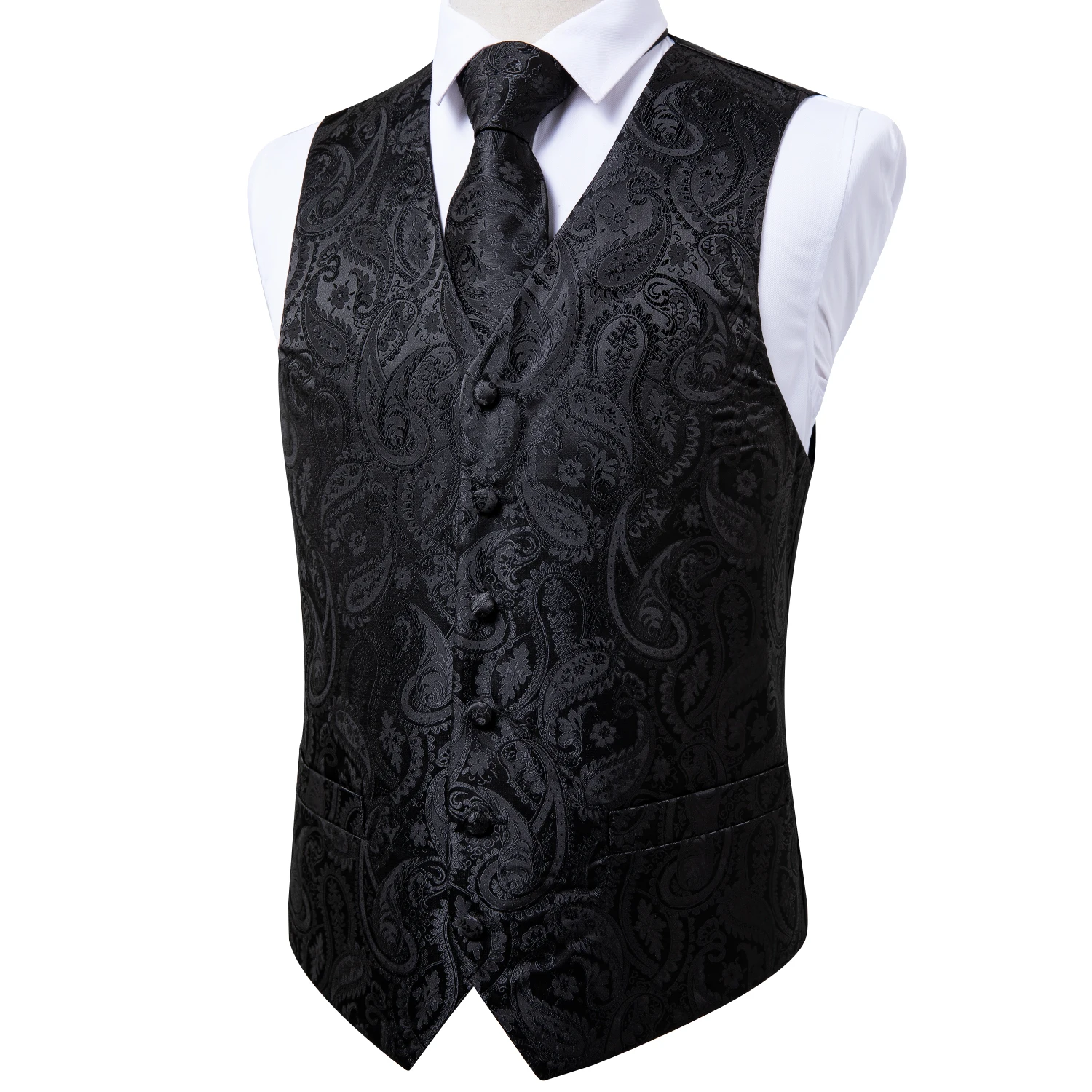 Men Classic Black Paisley Vest Set for Wedding Party Business Fashion V-neck Waistcoat Men Necktie Bow Tie Handkerchief Cufflink