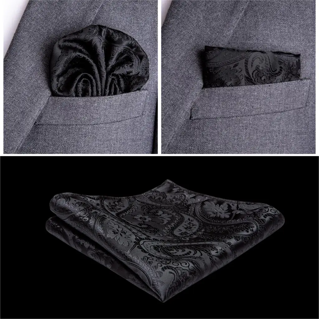 Men Classic Black Paisley Vest Set for Wedding Party Business Fashion V-neck Waistcoat Men Necktie Bow Tie Handkerchief Cufflink