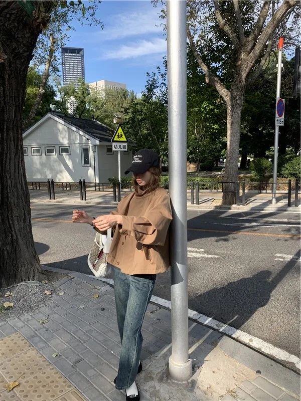 Korea Short Outerwear Woman Casual Loose Lazy Chic Long Sleeve Cotton Blends Windbreaker Coats Thin Thench