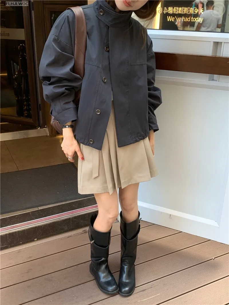 Korea Short Outerwear Woman Casual Loose Lazy Chic Long Sleeve Cotton Blends Windbreaker Coats Thin Thench