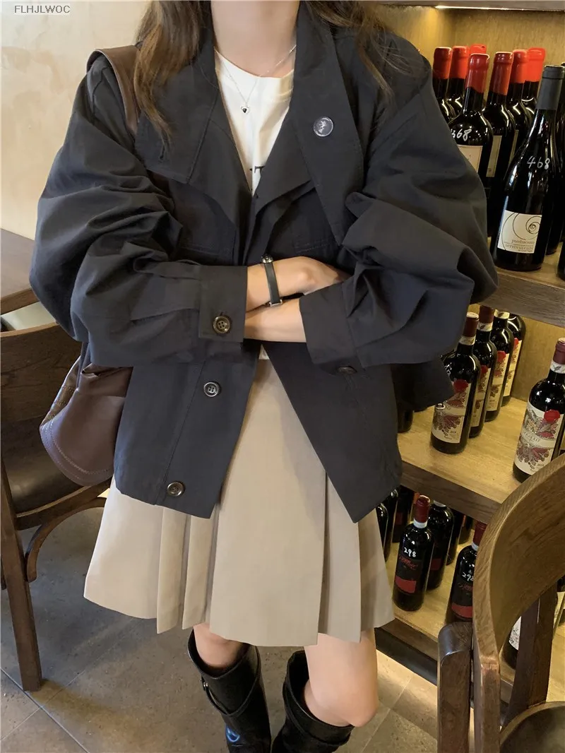 Korea Short Outerwear Woman Casual Loose Lazy Chic Long Sleeve Cotton Blends Windbreaker Coats Thin Thench