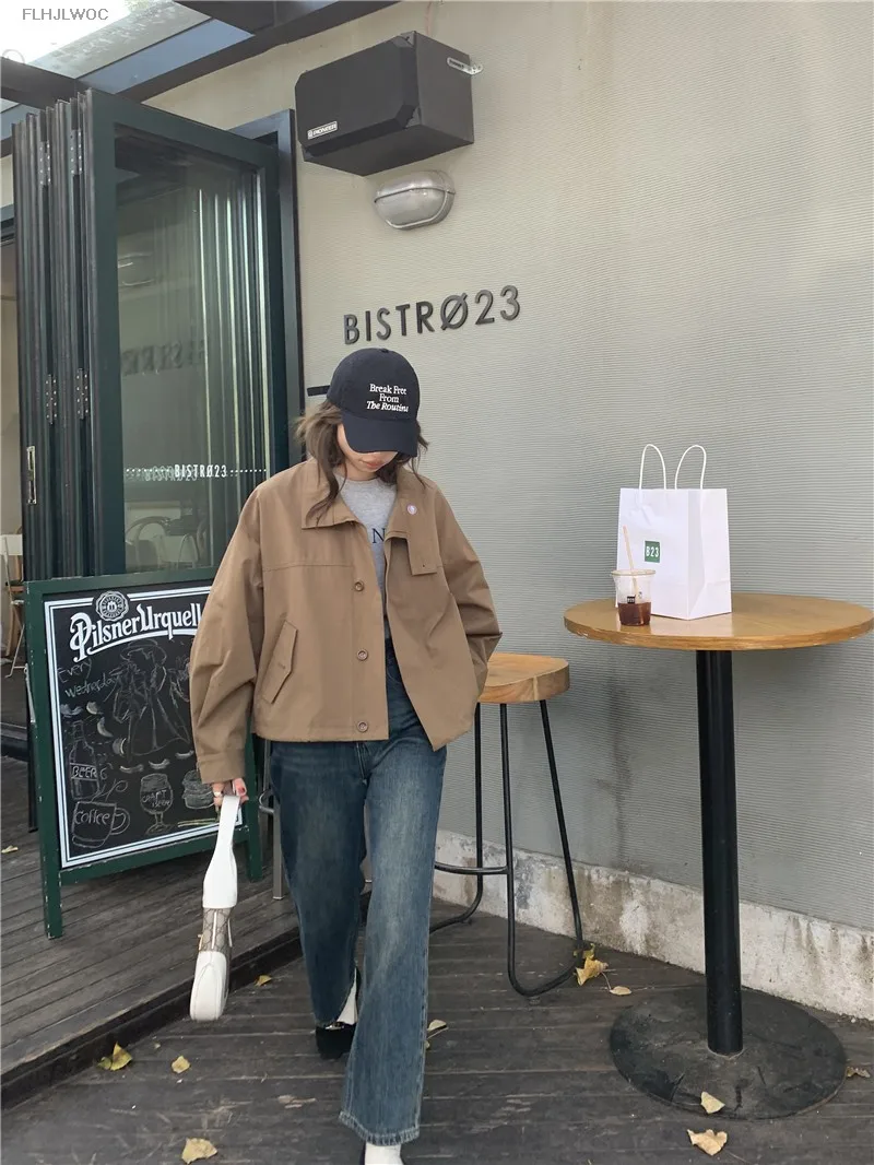 Korea Short Outerwear Woman Casual Loose Lazy Chic Long Sleeve Cotton Blends Windbreaker Coats Thin Thench