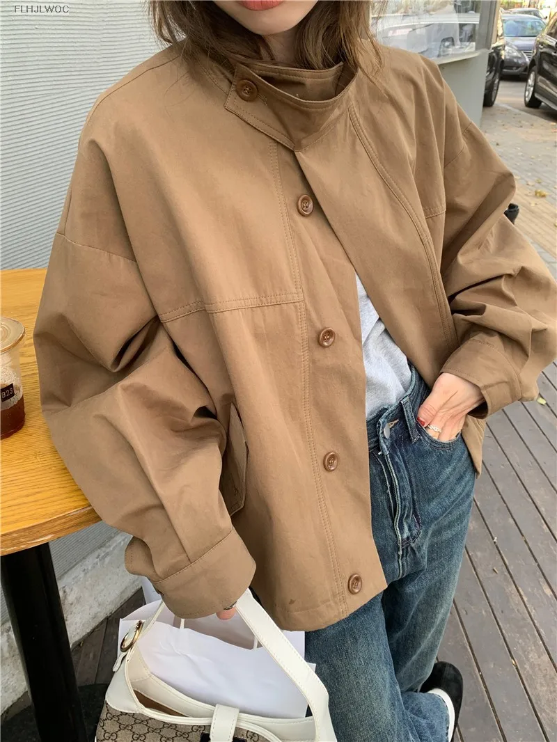 Korea Short Outerwear Woman Casual Loose Lazy Chic Long Sleeve Cotton Blends Windbreaker Coats Thin Thench