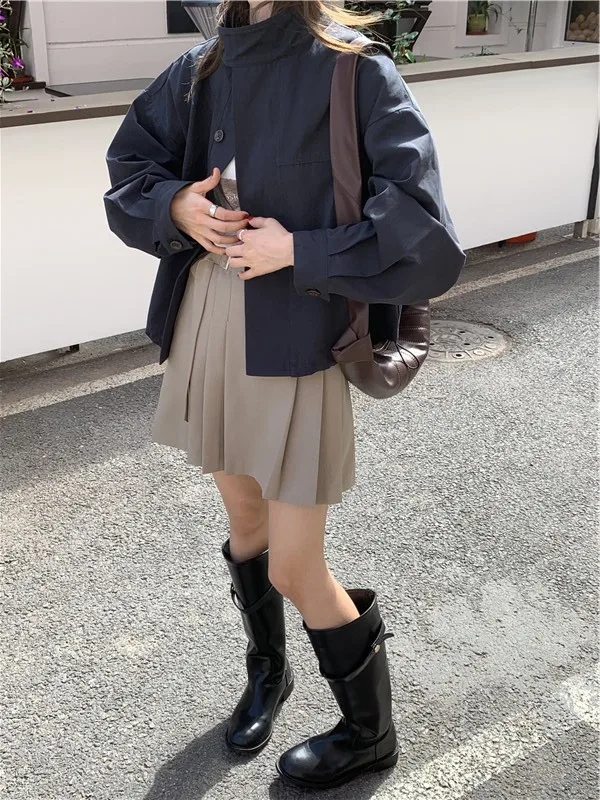 Korea Short Outerwear Woman Casual Loose Lazy Chic Long Sleeve Cotton Blends Windbreaker Coats Thin Thench