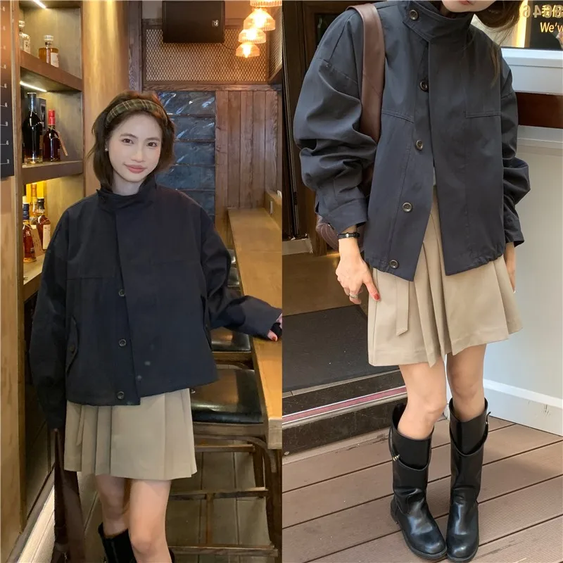Korea Short Outerwear Woman Casual Loose Lazy Chic Long Sleeve Cotton Blends Windbreaker Coats Thin Thench