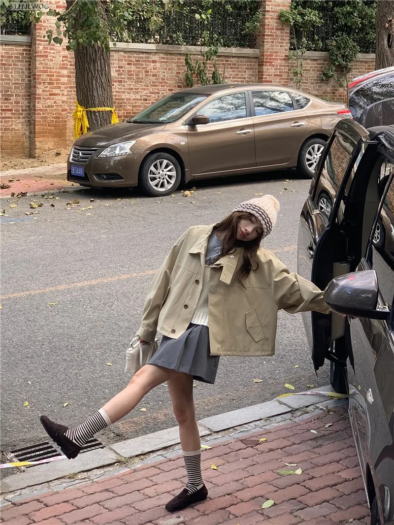 Korea Short Outerwear Woman Casual Loose Lazy Chic Long Sleeve Cotton Blends Windbreaker Coats Thin Thench