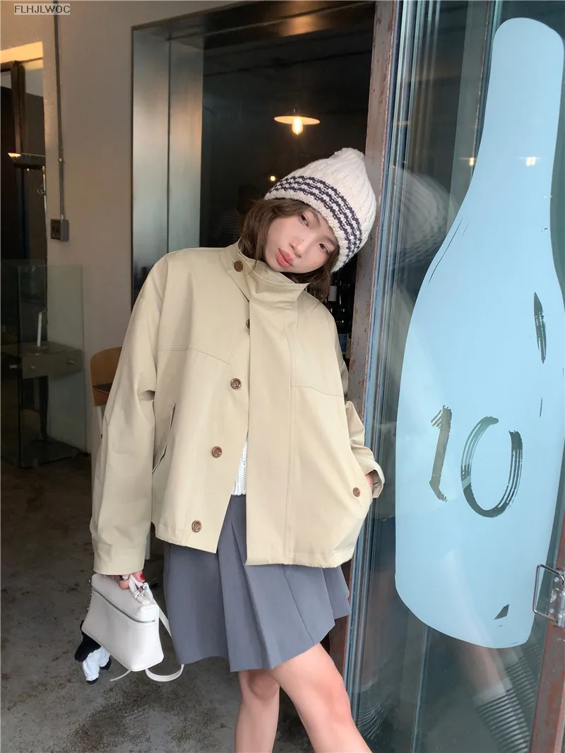 Korea Short Outerwear Woman Casual Loose Lazy Chic Long Sleeve Cotton Blends Windbreaker Coats Thin Thench