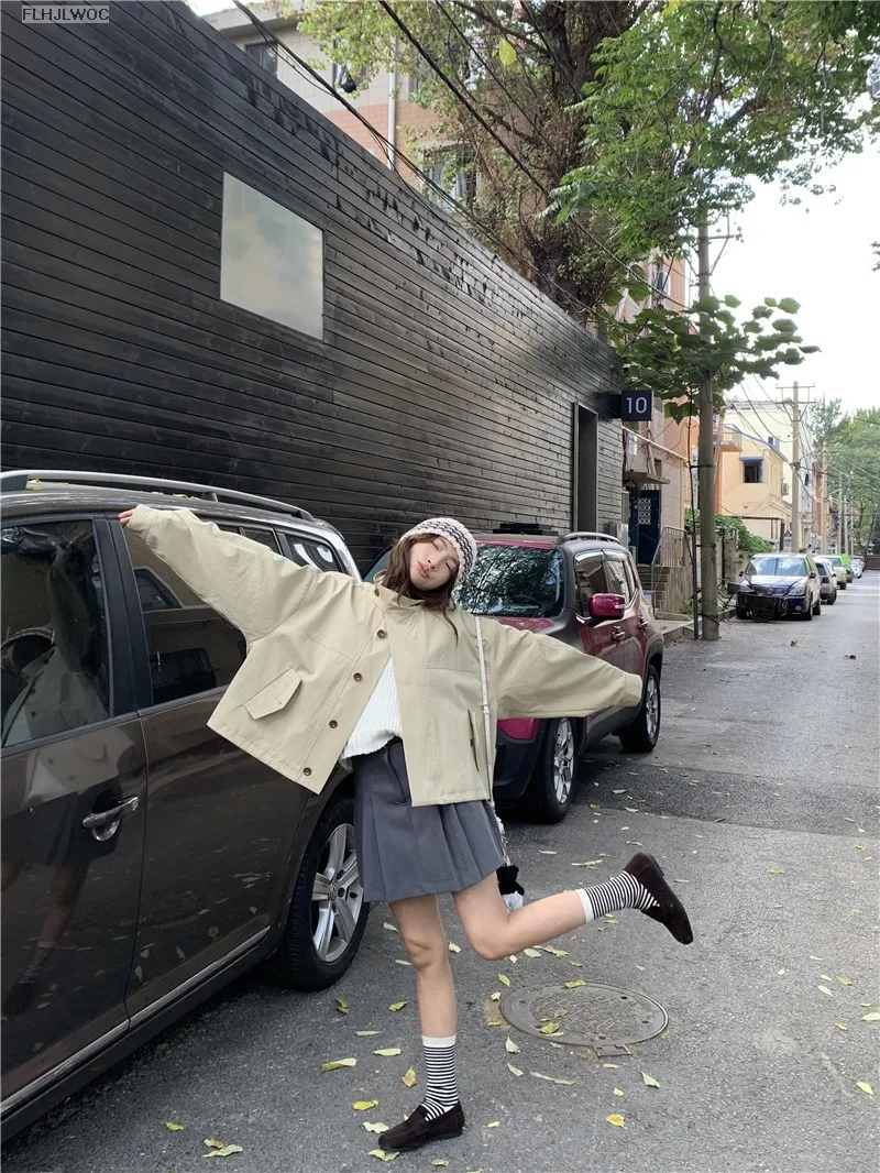Korea Short Outerwear Woman Casual Loose Lazy Chic Long Sleeve Cotton Blends Windbreaker Coats Thin Thench