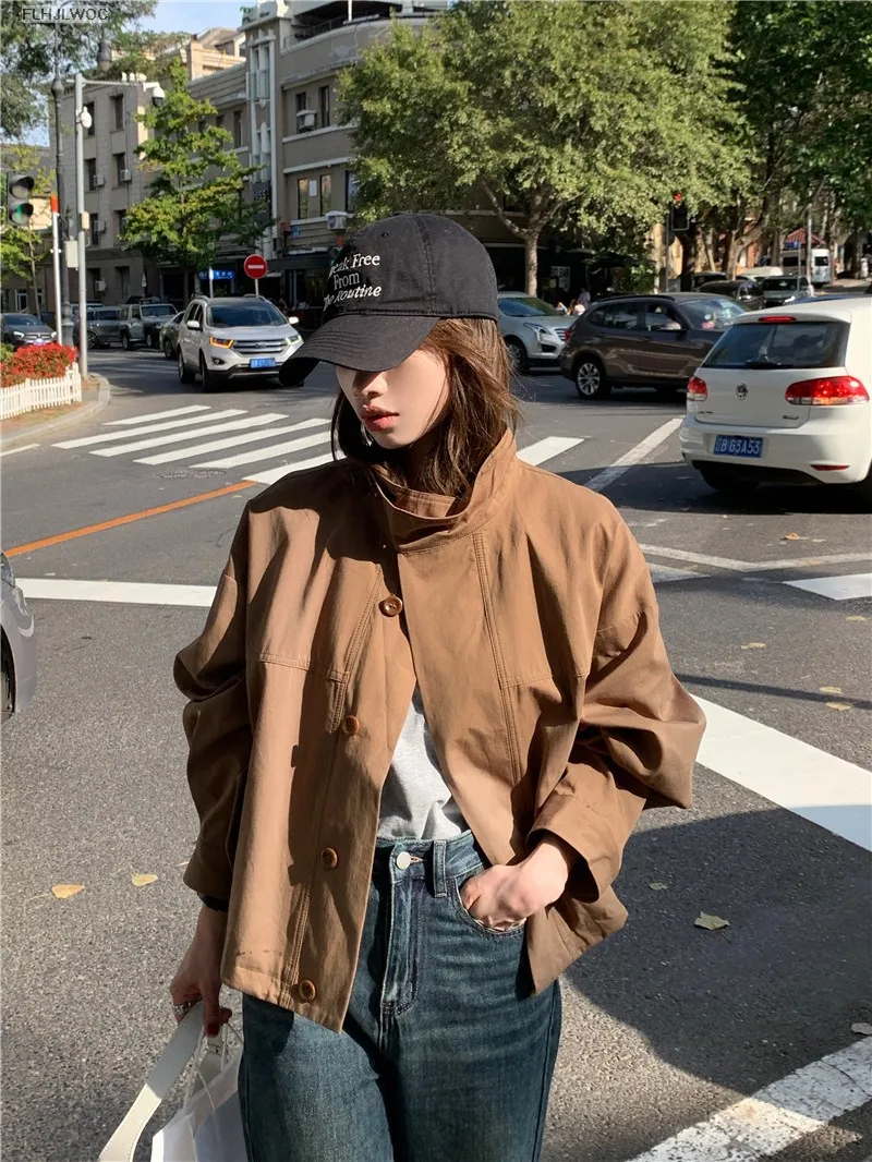 Korea Short Outerwear Woman Casual Loose Lazy Chic Long Sleeve Cotton Blends Windbreaker Coats Thin Thench