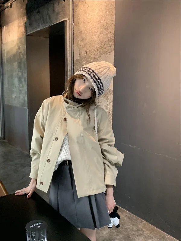 Korea Short Outerwear Woman Casual Loose Lazy Chic Long Sleeve Cotton Blends Windbreaker Coats Thin Thench
