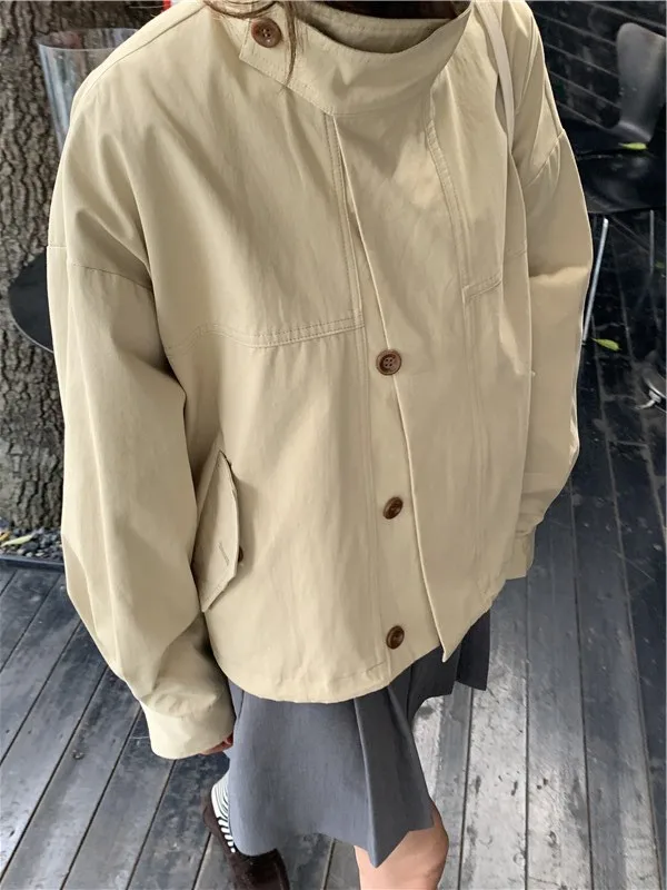 Korea Short Outerwear Woman Casual Loose Lazy Chic Long Sleeve Cotton Blends Windbreaker Coats Thin Thench