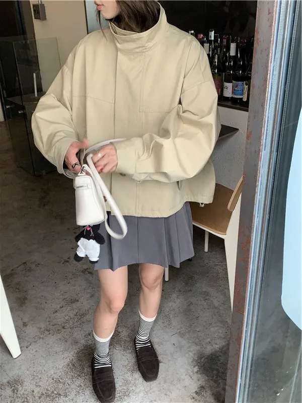 Korea Short Outerwear Woman Casual Loose Lazy Chic Long Sleeve Cotton Blends Windbreaker Coats Thin Thench