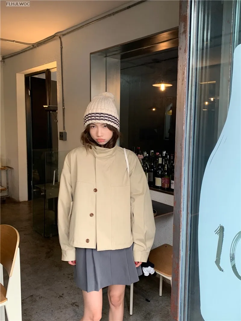 Korea Short Outerwear Woman Casual Loose Lazy Chic Long Sleeve Cotton Blends Windbreaker Coats Thin Thench