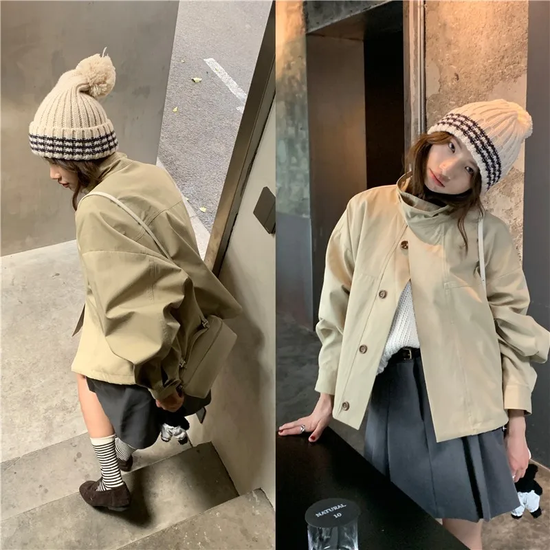 Korea Short Outerwear Woman Casual Loose Lazy Chic Long Sleeve Cotton Blends Windbreaker Coats Thin Thench