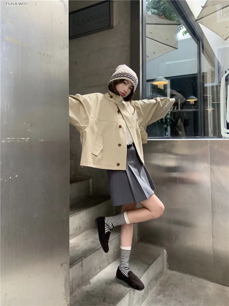 Korea Short Outerwear Woman Casual Loose Lazy Chic Long Sleeve Cotton Blends Windbreaker Coats Thin Thench