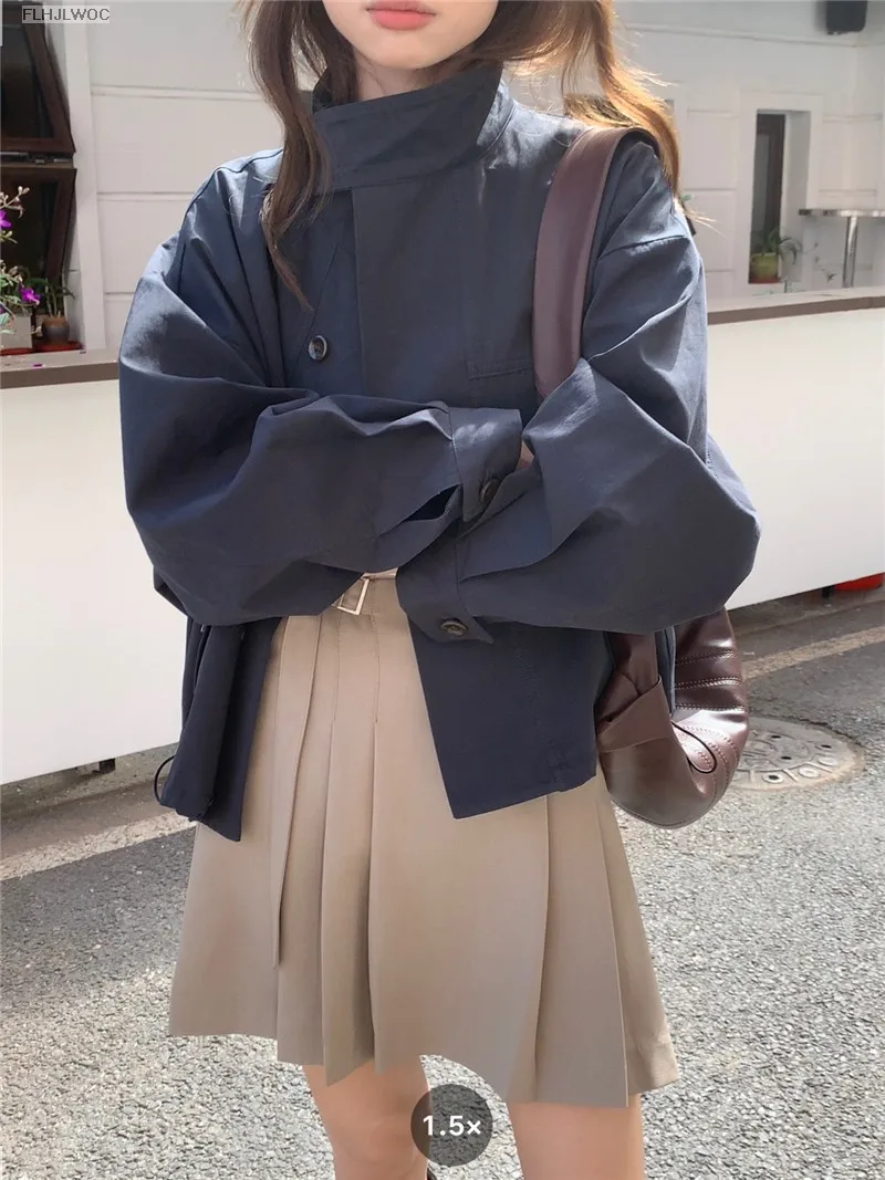 Korea Short Outerwear Woman Casual Loose Lazy Chic Long Sleeve Cotton Blends Windbreaker Coats Thin Thench