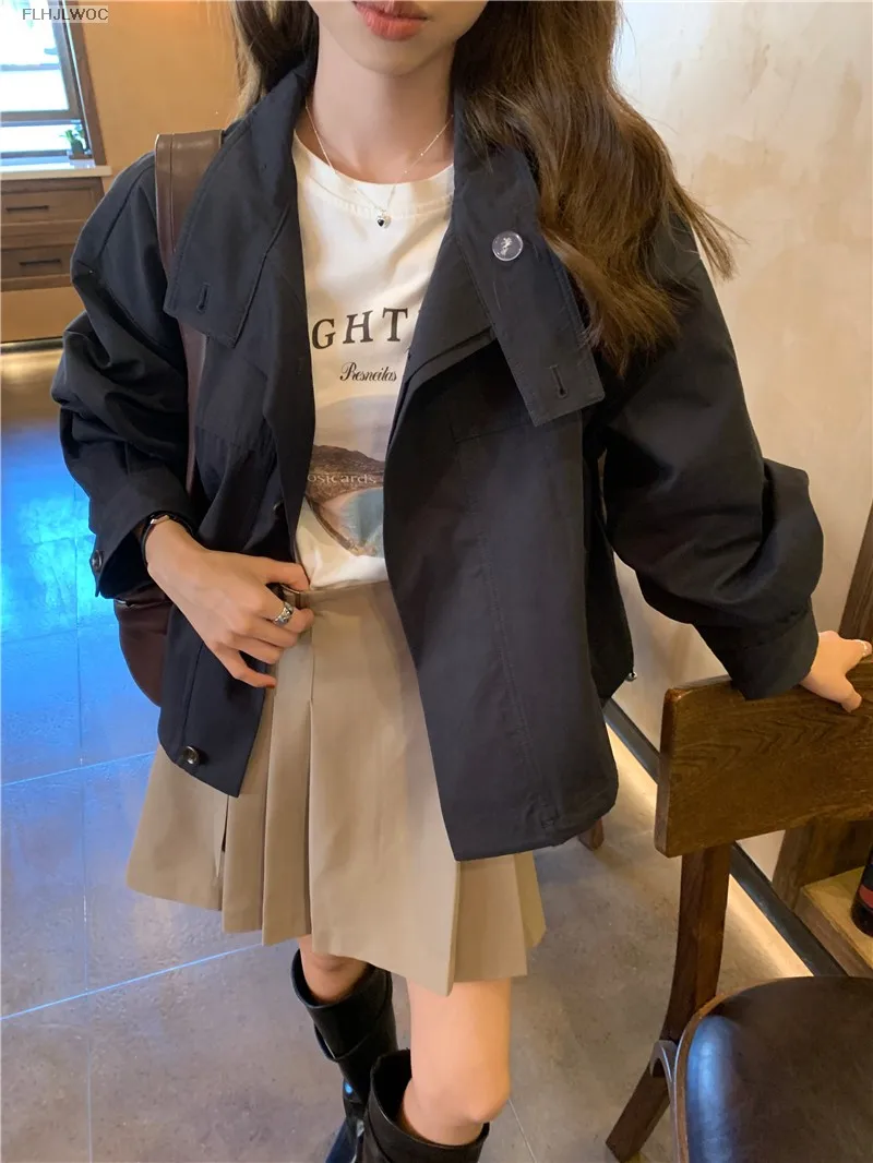 Korea Short Outerwear Woman Casual Loose Lazy Chic Long Sleeve Cotton Blends Windbreaker Coats Thin Thench