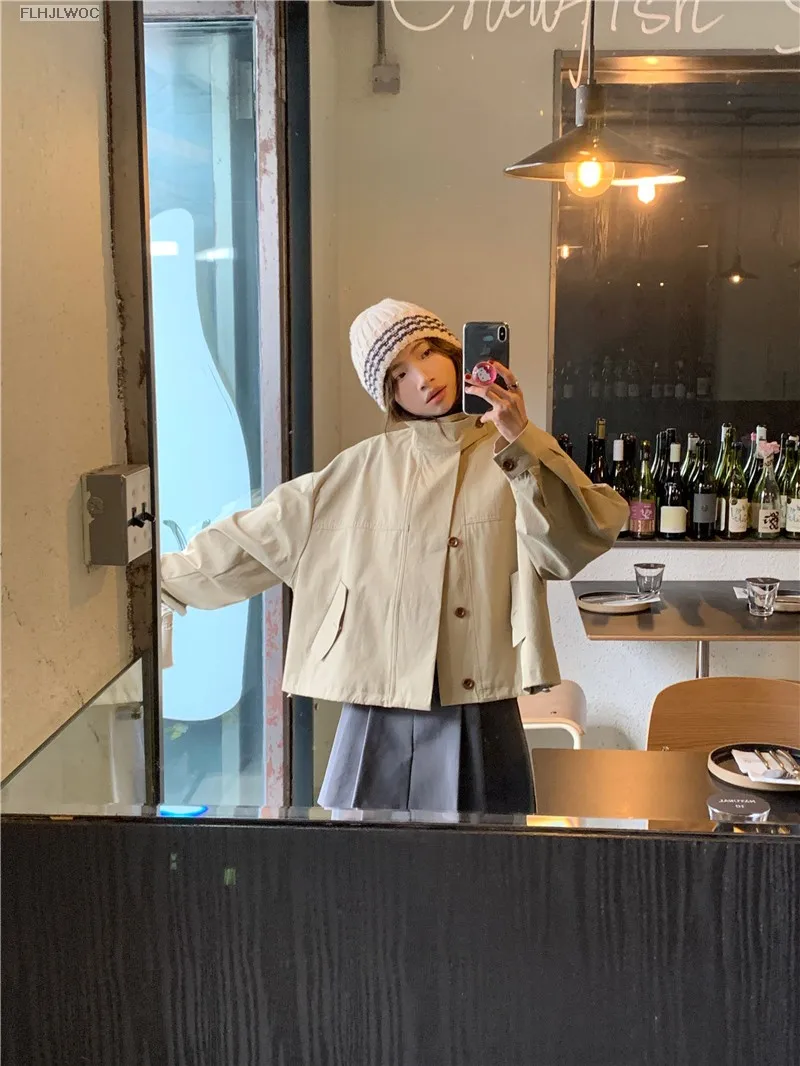 Korea Short Outerwear Woman Casual Loose Lazy Chic Long Sleeve Cotton Blends Windbreaker Coats Thin Thench