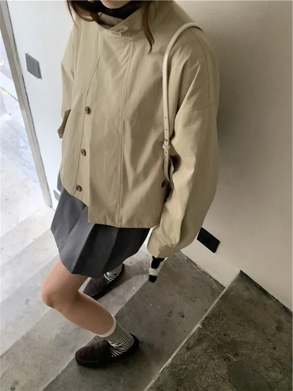 Korea Short Outerwear Woman Casual Loose Lazy Chic Long Sleeve Cotton Blends Windbreaker Coats Thin Thench