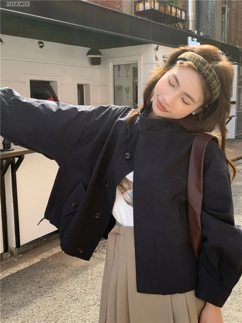 Korea Short Outerwear Woman Casual Loose Lazy Chic Long Sleeve Cotton Blends Windbreaker Coats Thin Thench