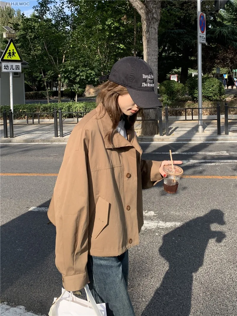 Korea Short Outerwear Woman Casual Loose Lazy Chic Long Sleeve Cotton Blends Windbreaker Coats Thin Thench