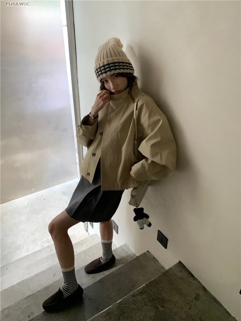 Korea Short Outerwear Woman Casual Loose Lazy Chic Long Sleeve Cotton Blends Windbreaker Coats Thin Thench