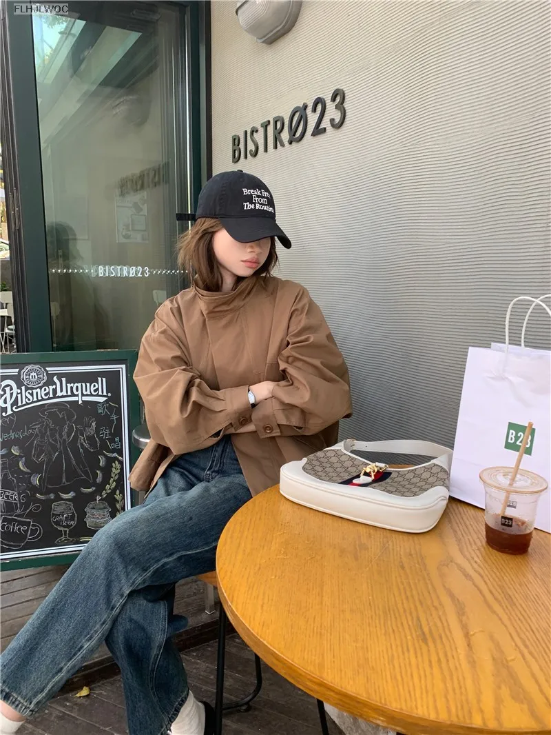 Korea Short Outerwear Woman Casual Loose Lazy Chic Long Sleeve Cotton Blends Windbreaker Coats Thin Thench