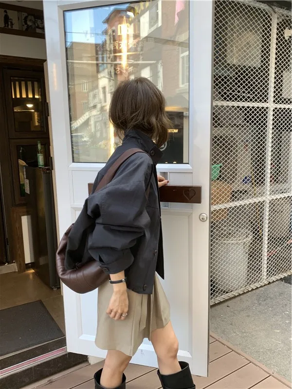 Korea Short Outerwear Woman Casual Loose Lazy Chic Long Sleeve Cotton Blends Windbreaker Coats Thin Thench
