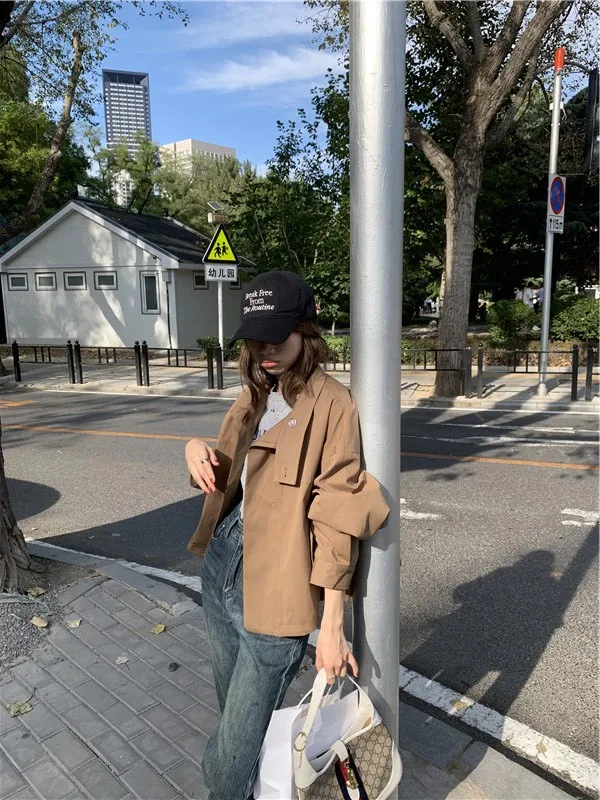 Korea Short Outerwear Woman Casual Loose Lazy Chic Long Sleeve Cotton Blends Windbreaker Coats Thin Thench