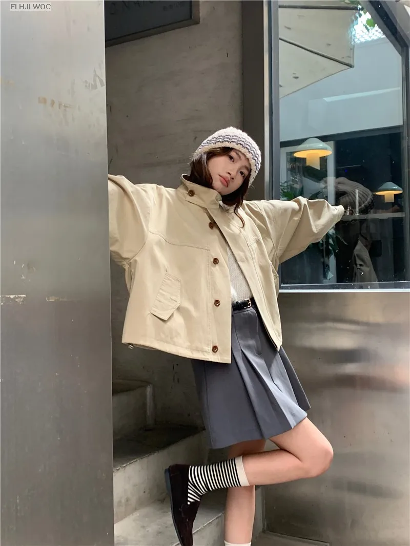 Korea Short Outerwear Woman Casual Loose Lazy Chic Long Sleeve Cotton Blends Windbreaker Coats Thin Thench