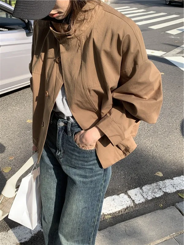 Korea Short Outerwear Woman Casual Loose Lazy Chic Long Sleeve Cotton Blends Windbreaker Coats Thin Thench