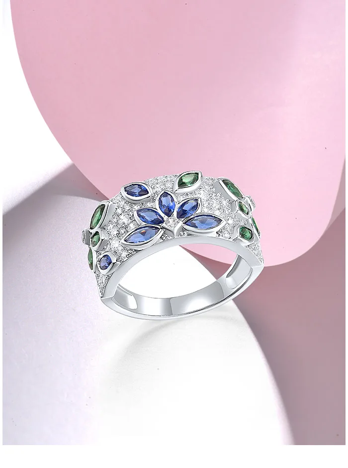 SANTUZZA Real 925 Sterling Silver Rings For Women Sparkling Blue Green Spinel White CZ Cluster Flower Marquise Fine Jewelry