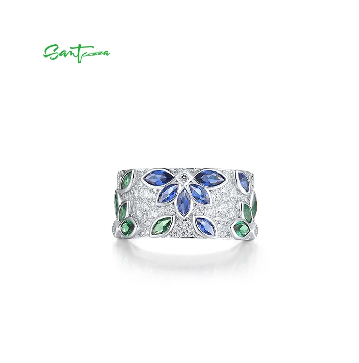 SANTUZZA Real 925 Sterling Silver Rings For Women Sparkling Blue Green Spinel White CZ Cluster Flower Marquise Fine Jewelry