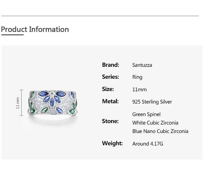 SANTUZZA Real 925 Sterling Silver Rings For Women Sparkling Blue Green Spinel White CZ Cluster Flower Marquise Fine Jewelry
