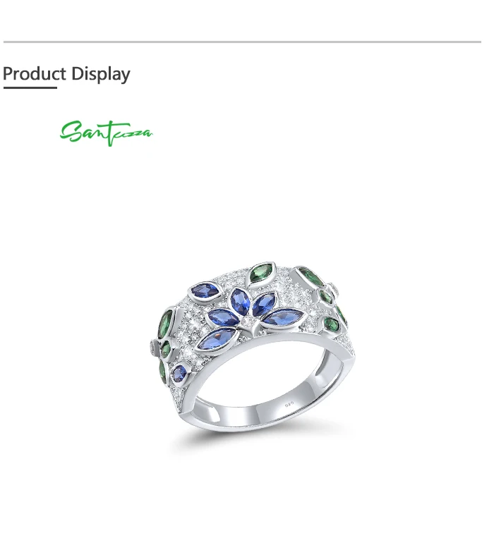 SANTUZZA Real 925 Sterling Silver Rings For Women Sparkling Blue Green Spinel White CZ Cluster Flower Marquise Fine Jewelry