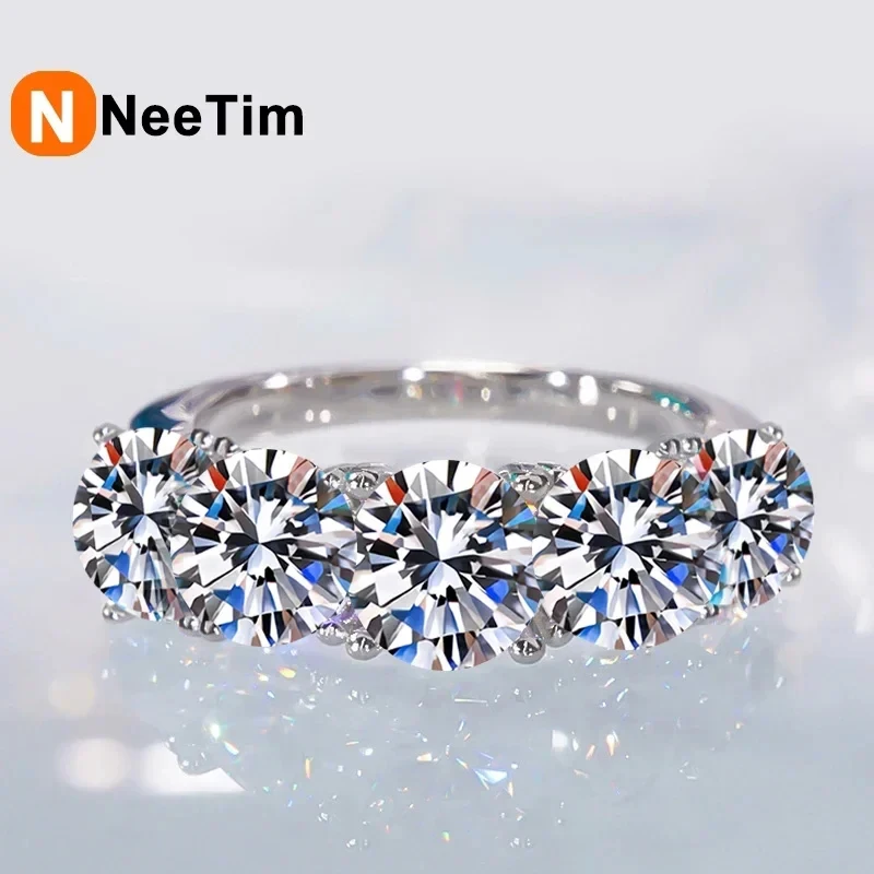 NeeTim 5mm 6.5mm Full Moissanite Ring for Women S925 Sterling Silver Eternity Engagement Sparkling Band Wedding Rings Jewelry