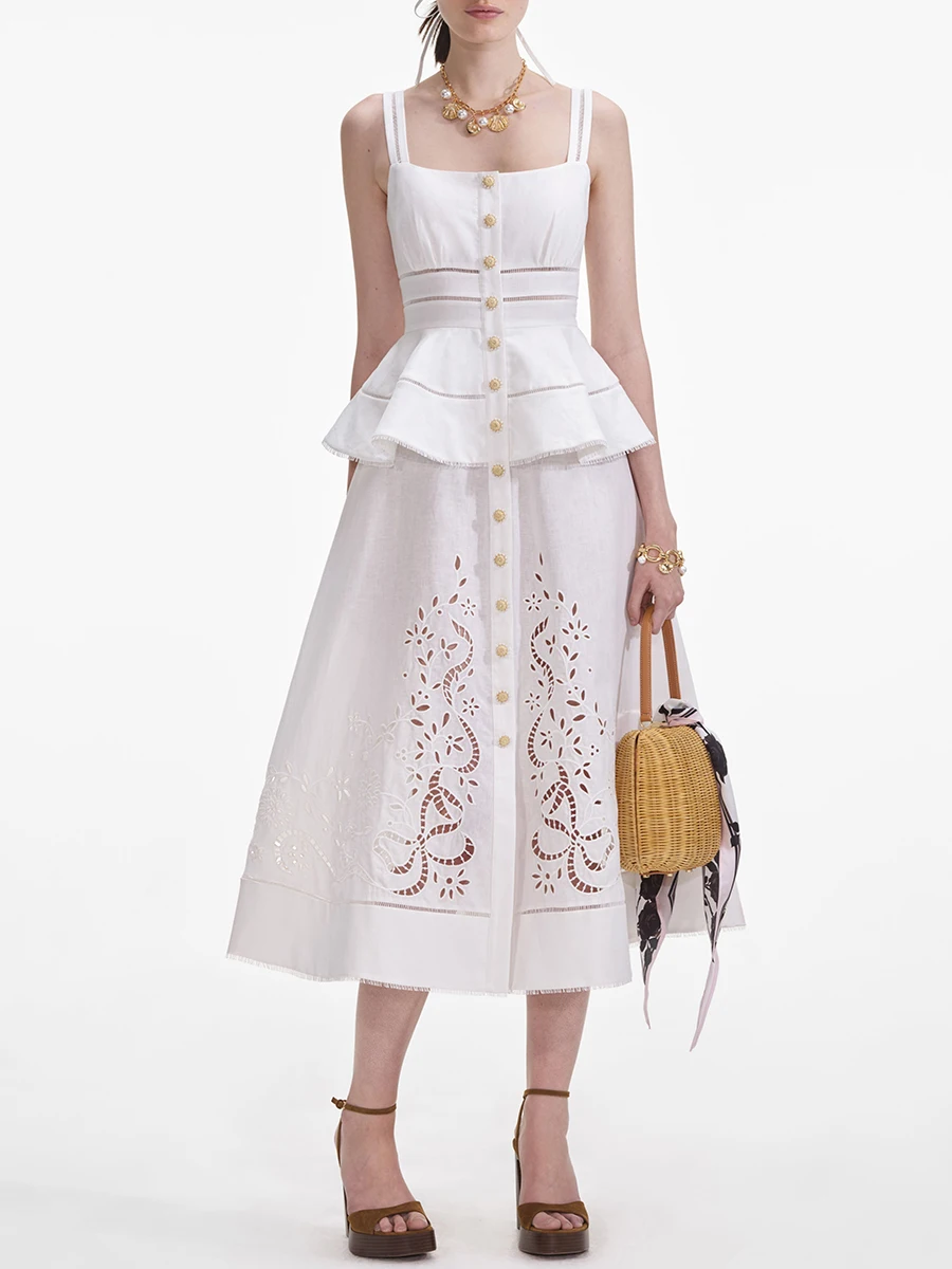 TWOTWINSTYLE Hollow Out Elegant Set For Women Square Collar Sleeveless Vest Casual Skirt White Two Piece Sets Female Fahion
