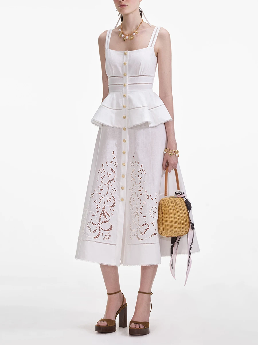TWOTWINSTYLE Hollow Out Elegant Set For Women Square Collar Sleeveless Vest Casual Skirt White Two Piece Sets Female Fahion