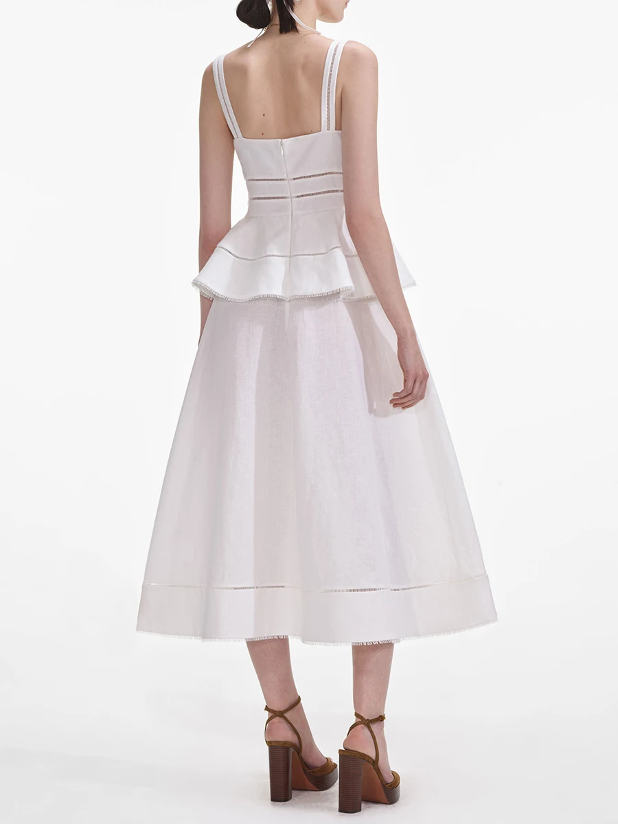 TWOTWINSTYLE Hollow Out Elegant Set For Women Square Collar Sleeveless Vest Casual Skirt White Two Piece Sets Female Fahion