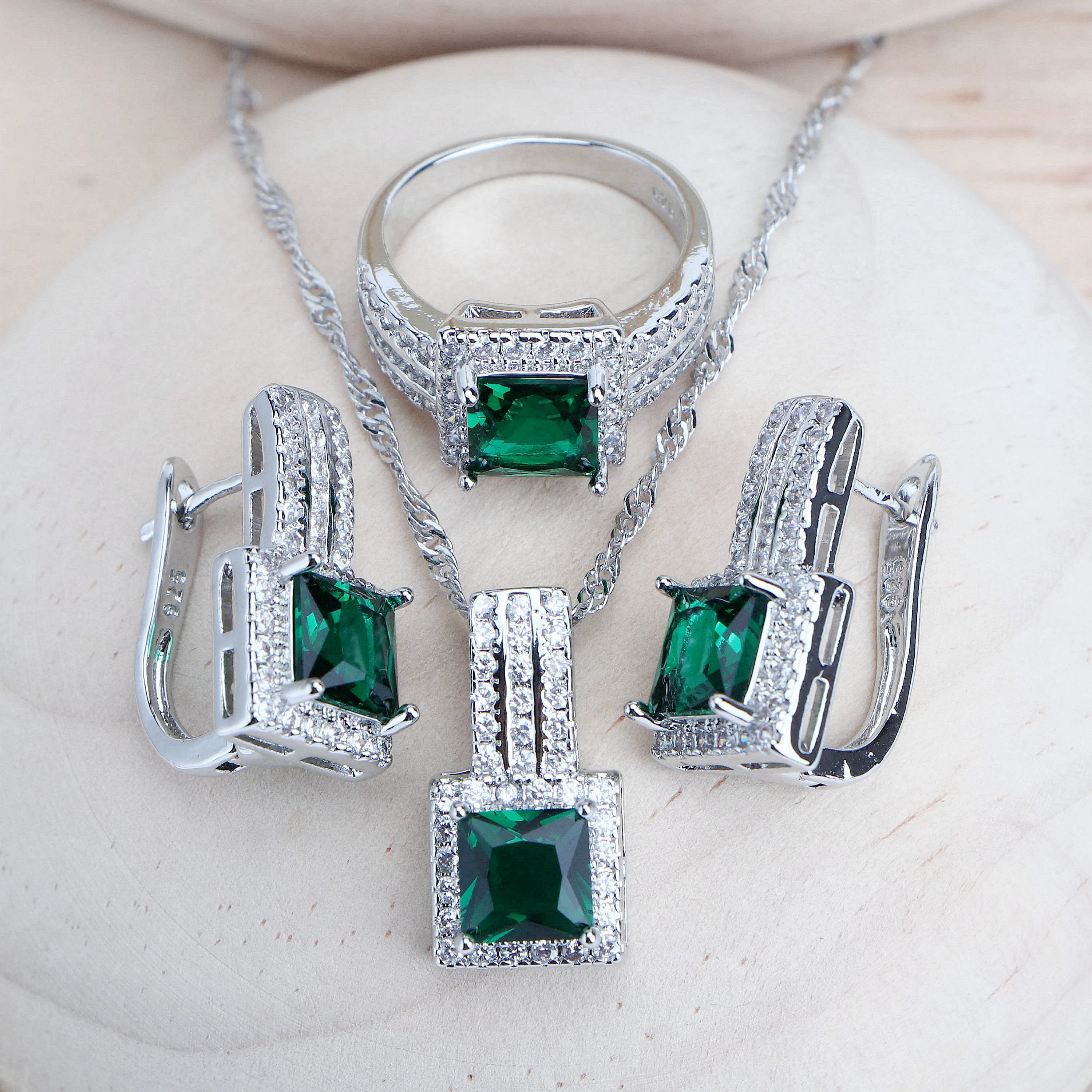 Fashion Women Silver 925 Bridal Jewelry Sets Zircon Costume Jewellery Wedding Party Rings Bracelets Pendant Earrings Necklace
